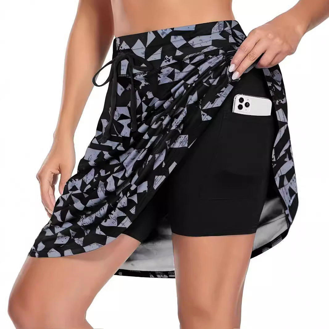Women's Fashion Casual Printing Pocket Fake Two-piece Skirts