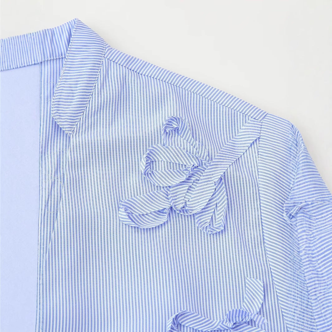 Women's Spring Textured Striped Plate Floral Poplin Blouses
