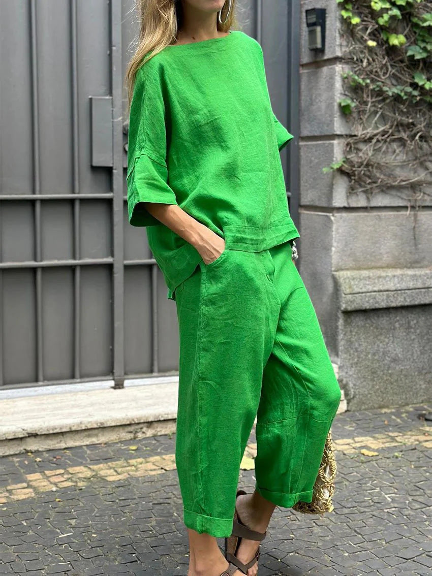Women's Set Cotton Linen Shirt Outfit High Plus Size