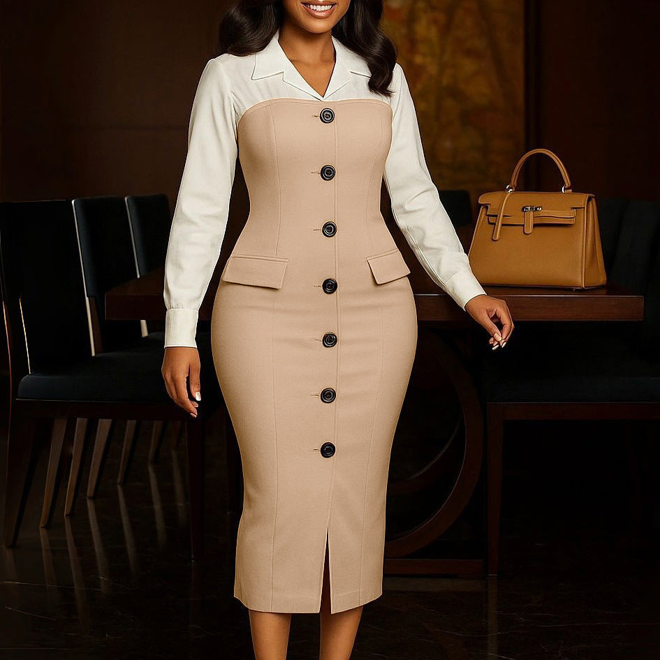 Women's Fashion Business Long Sleeve Collar Stitching Hip Suits