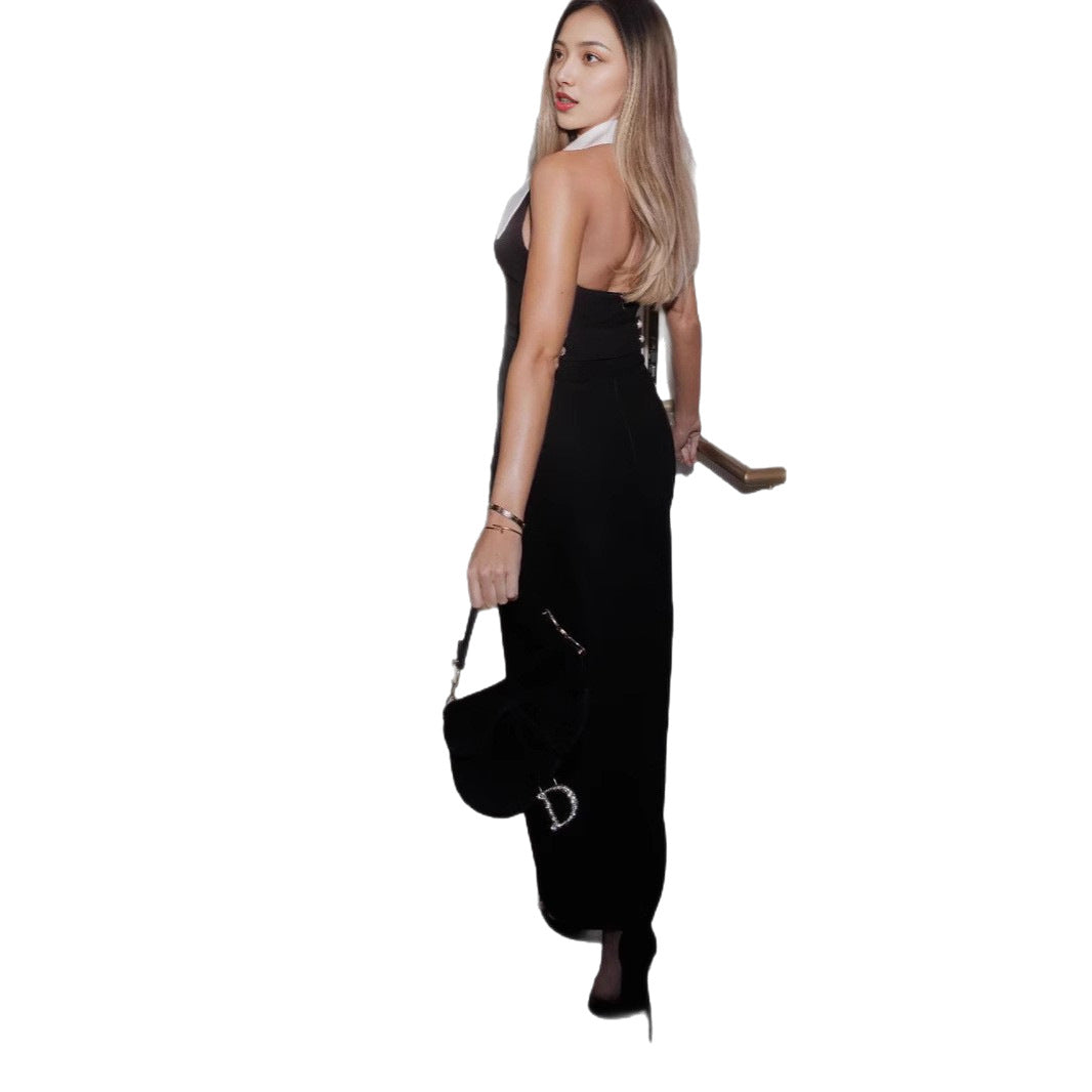 Color Contrast Reverse Collar Design Sense Mid-length Advanced Black White Dress