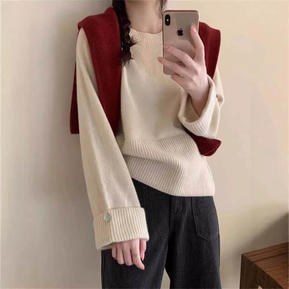 Women's Round Neck Pullover Thickened Niche Design Button Long Tops