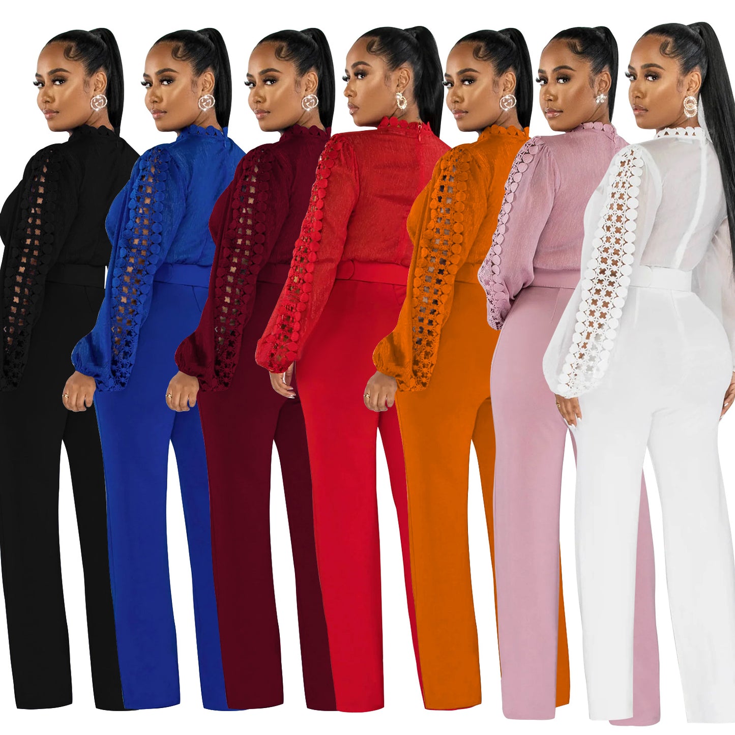 Women's Wear Belt Lace Cutout Solid Color Suits