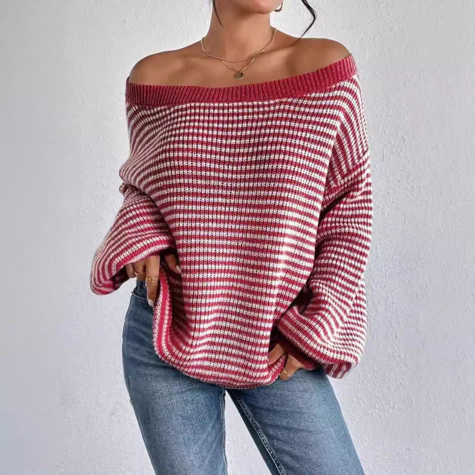 Women's Loose Contrast Color Striped Lantern Sleeve Sweater