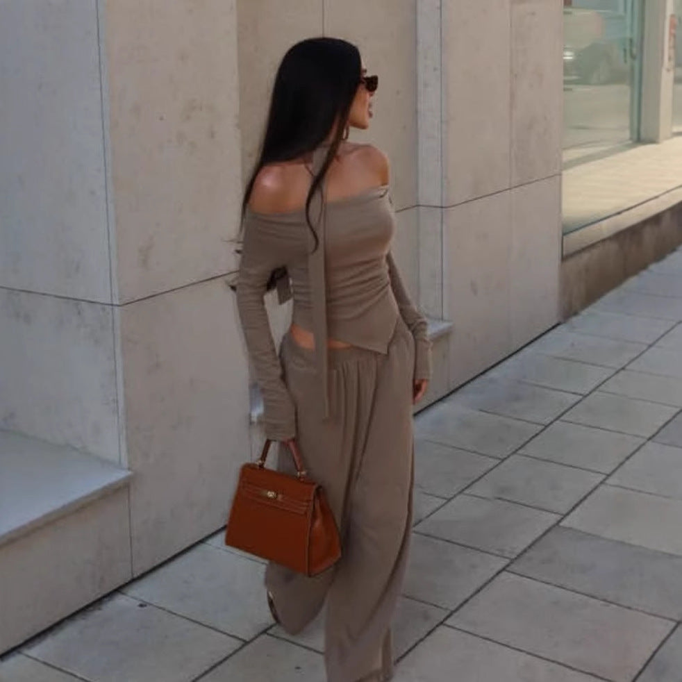 Autumn Asymmetric Hem Long T-shirt Trousers Suits