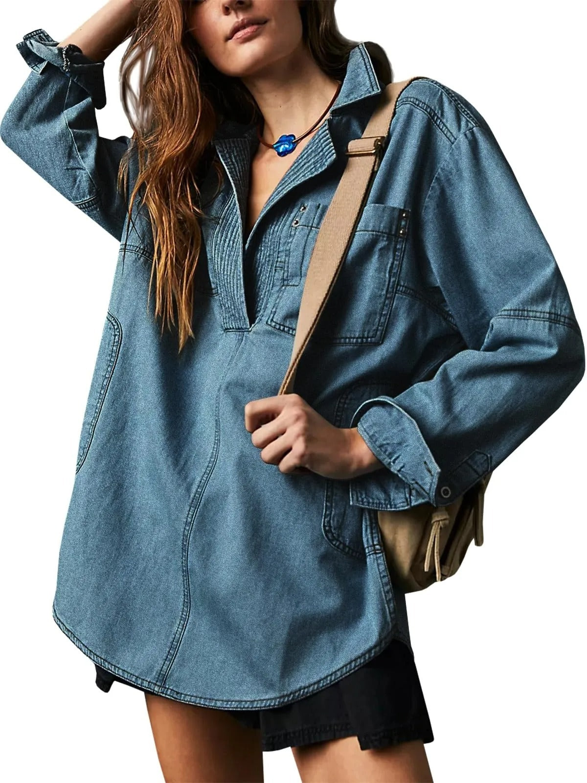 Women's Fashionable Casual Figure Flattering Denim Long-sleeved Blouses
