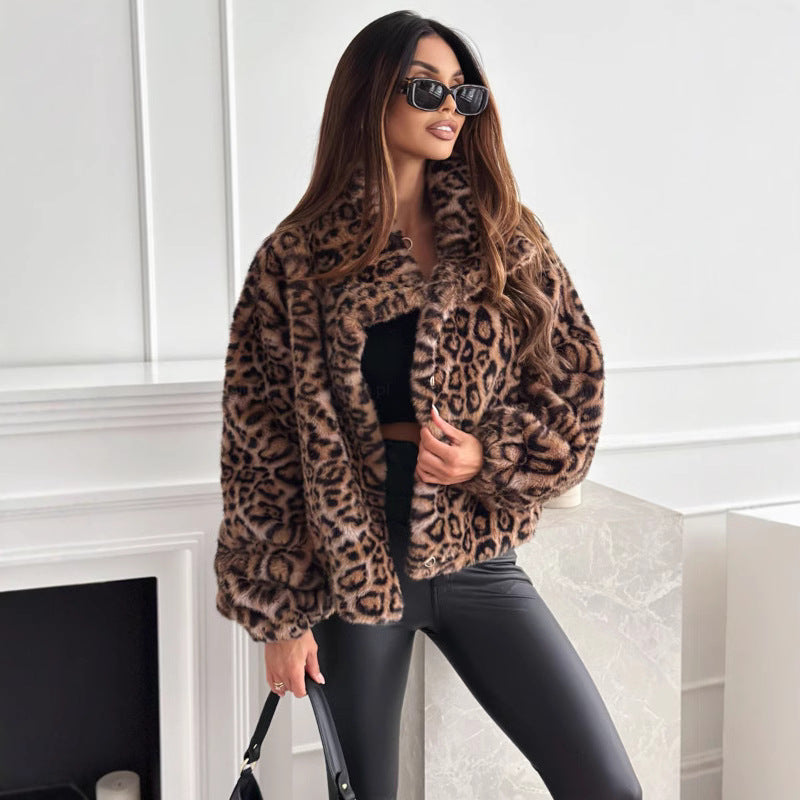 Fashion Personality Fur Leopard Print Lapel Coats