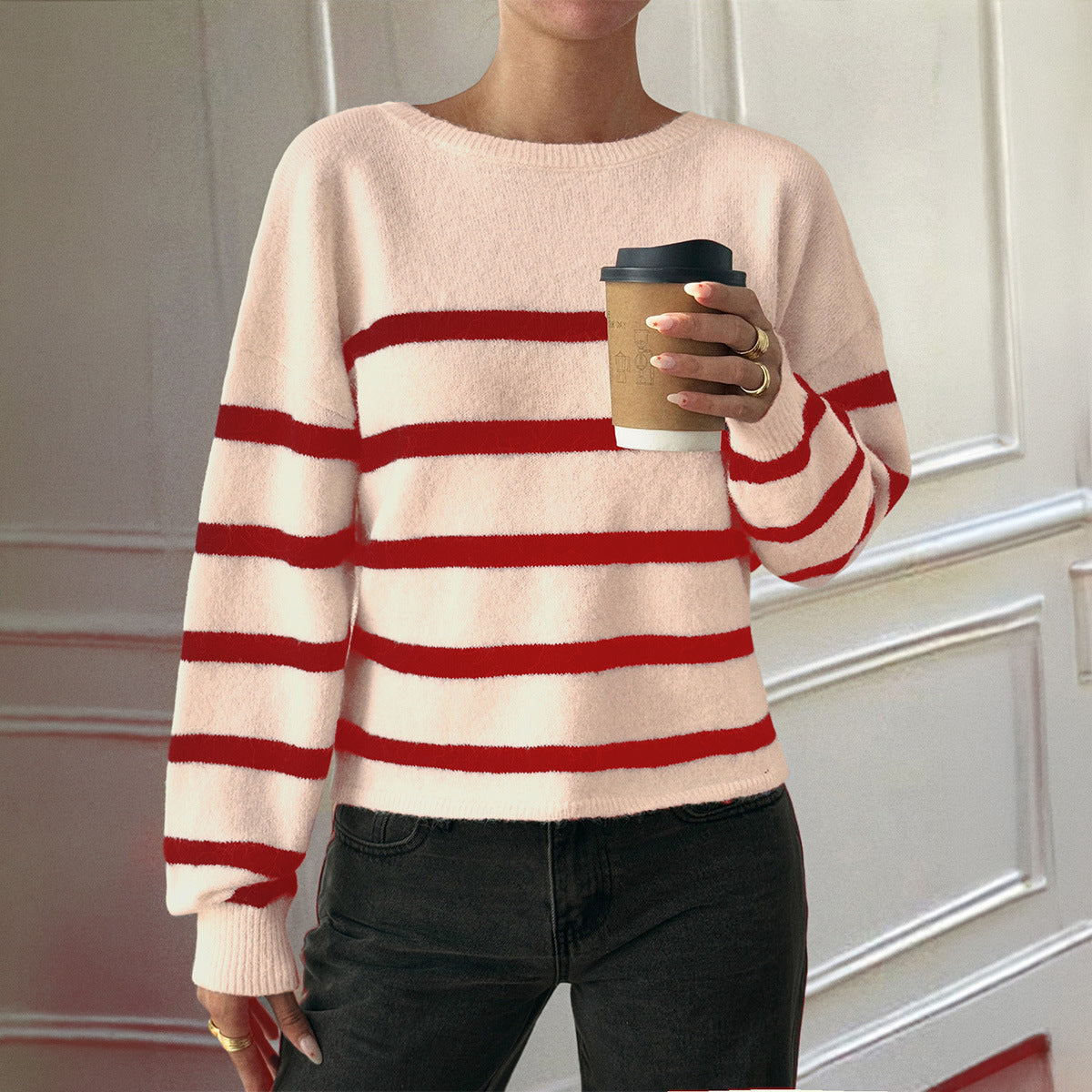 Slouchy Women's Casual Striped Wool Long-sleeved Sweater