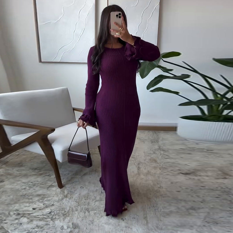 Women's Color Round Neck Long Sleeve Slim Fit Stringy Dresses