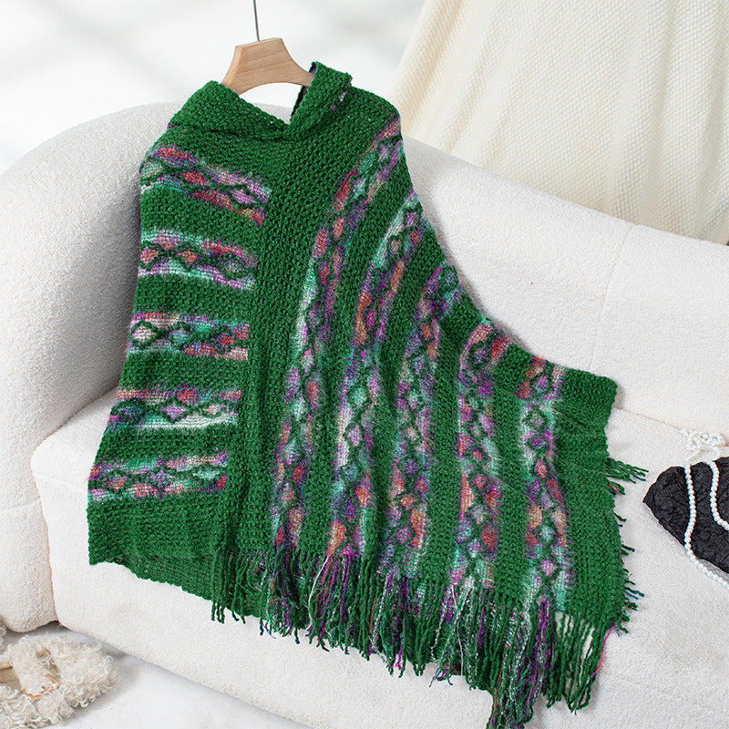 Women's Colorful Striped Hooded Knitted Tassel Cape Shawl Sweaters