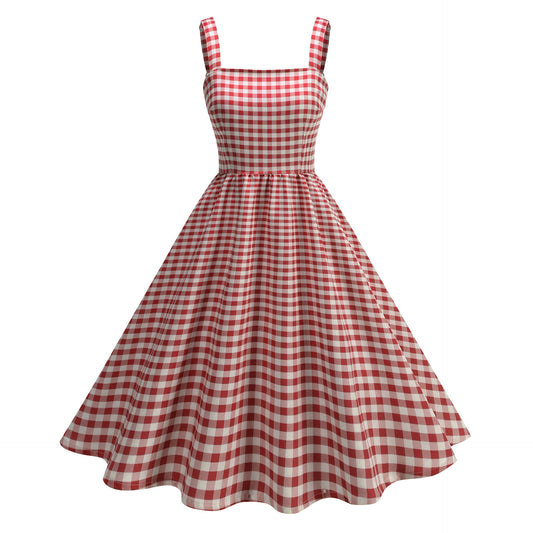 Pink Plaid Young Strap Long Dress Tops