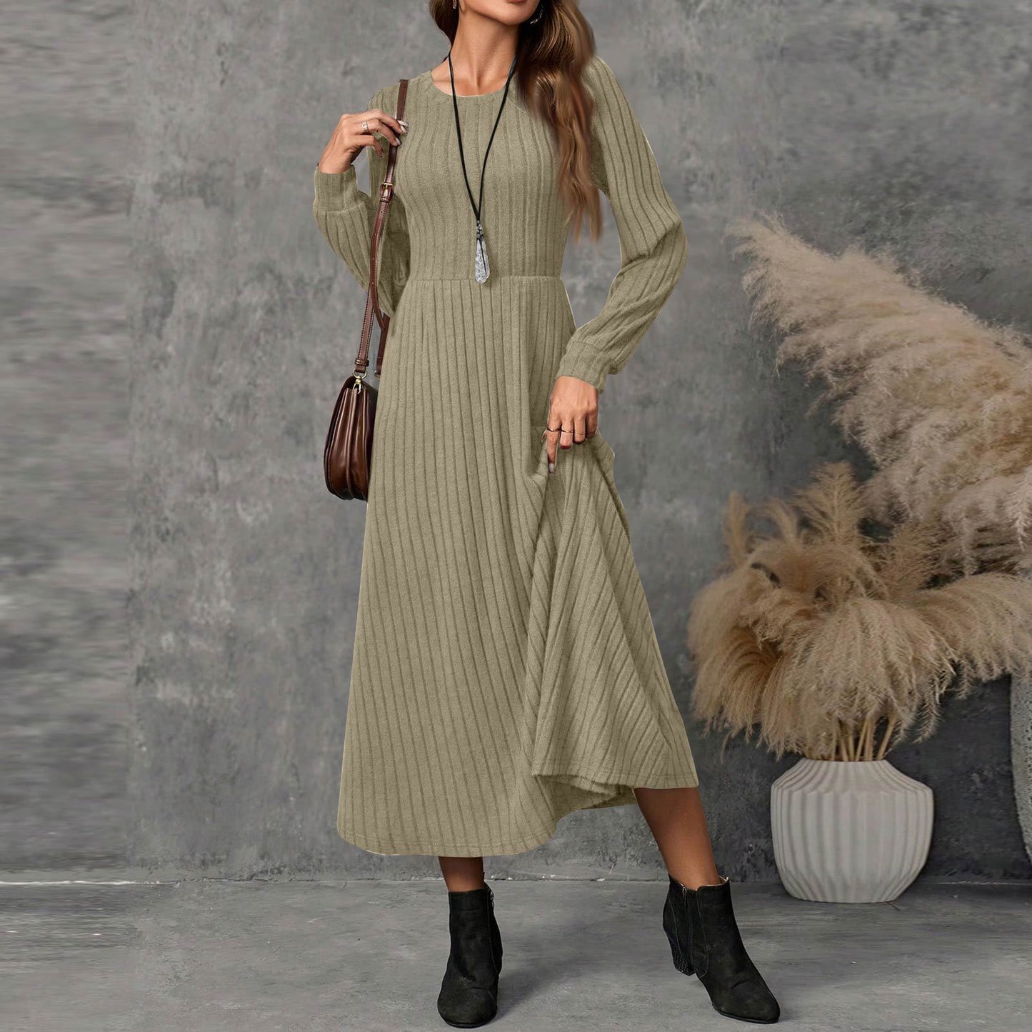 Ladies Fashion Round Neck Long Sleeve Solid Color Casual Sunken Dress
