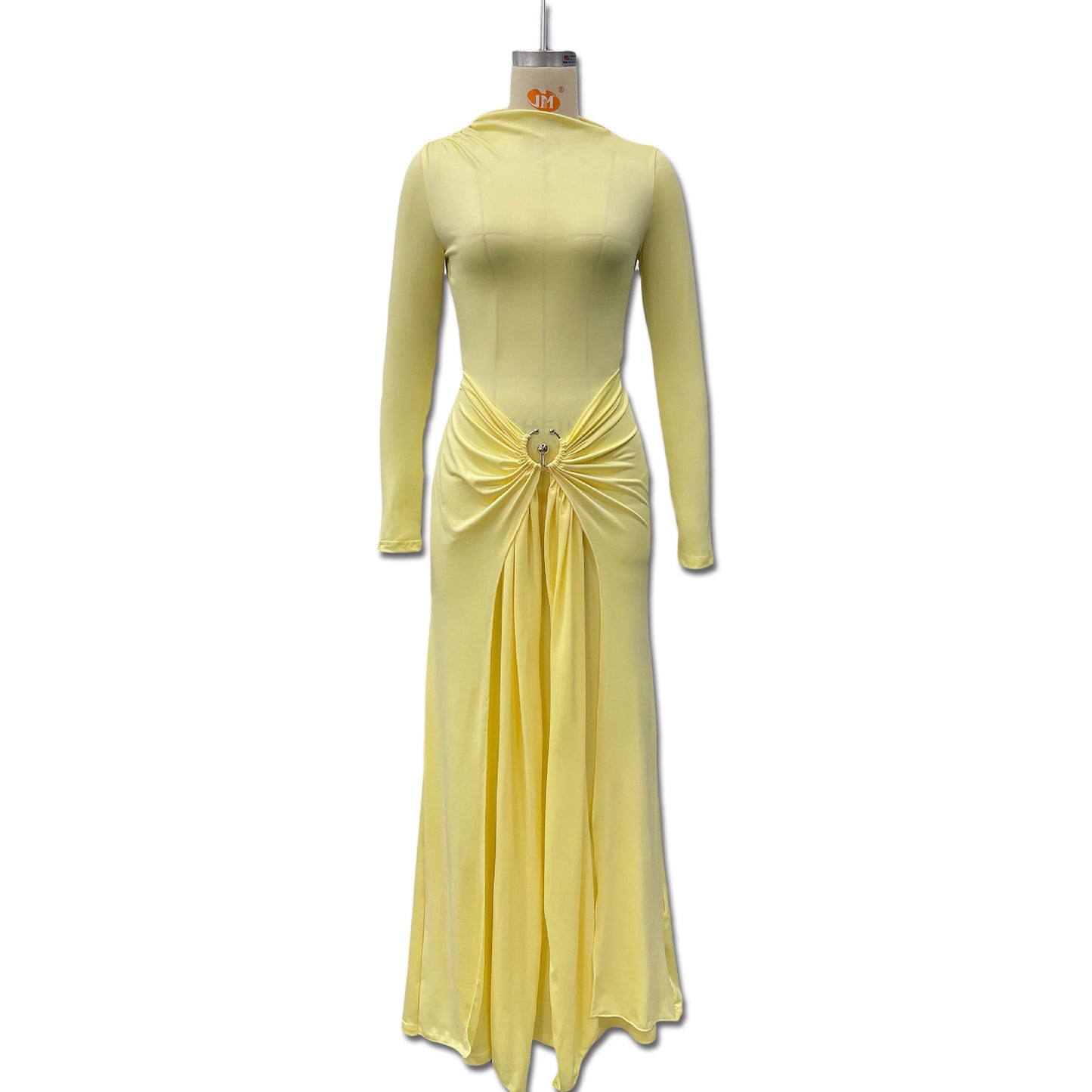 Women's Temperament Pure Color Elegant Long Sleeve Metal Ring Buckle Lace Dress