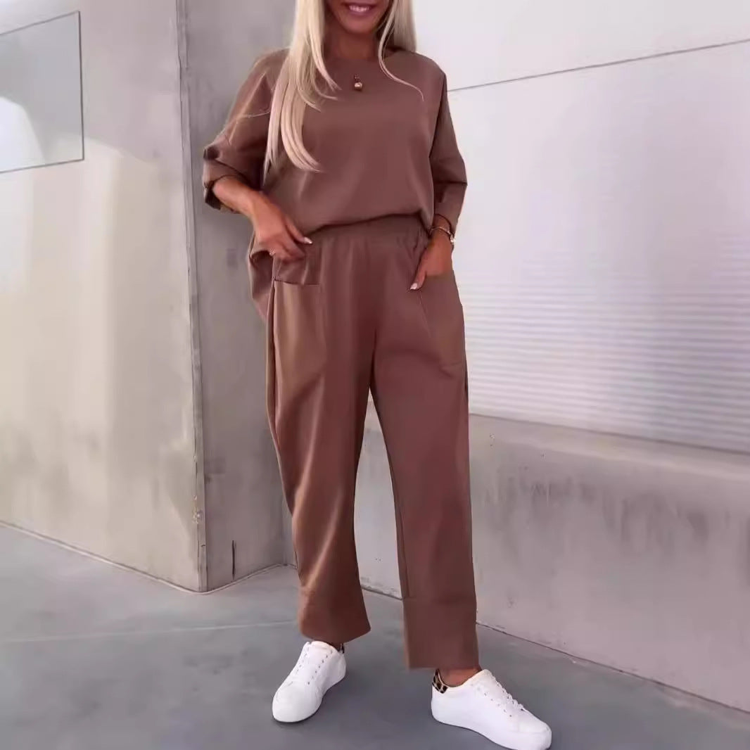 Women's Autumn Loose Two-piece Solid Color Round Neck Cropped Fashion Casual Suit