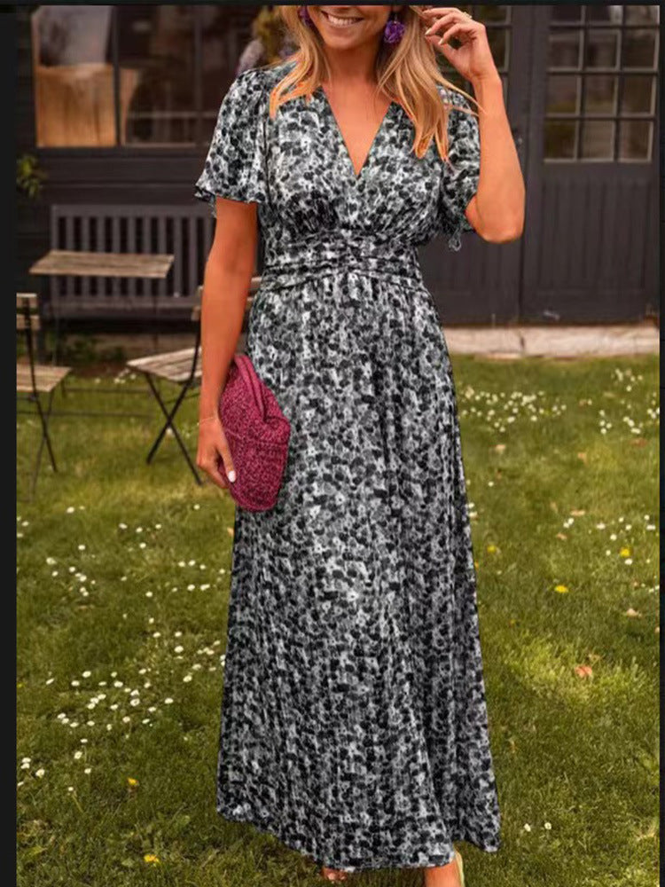 Women's Fashion Temperament Printed Waist Dress Dresses
