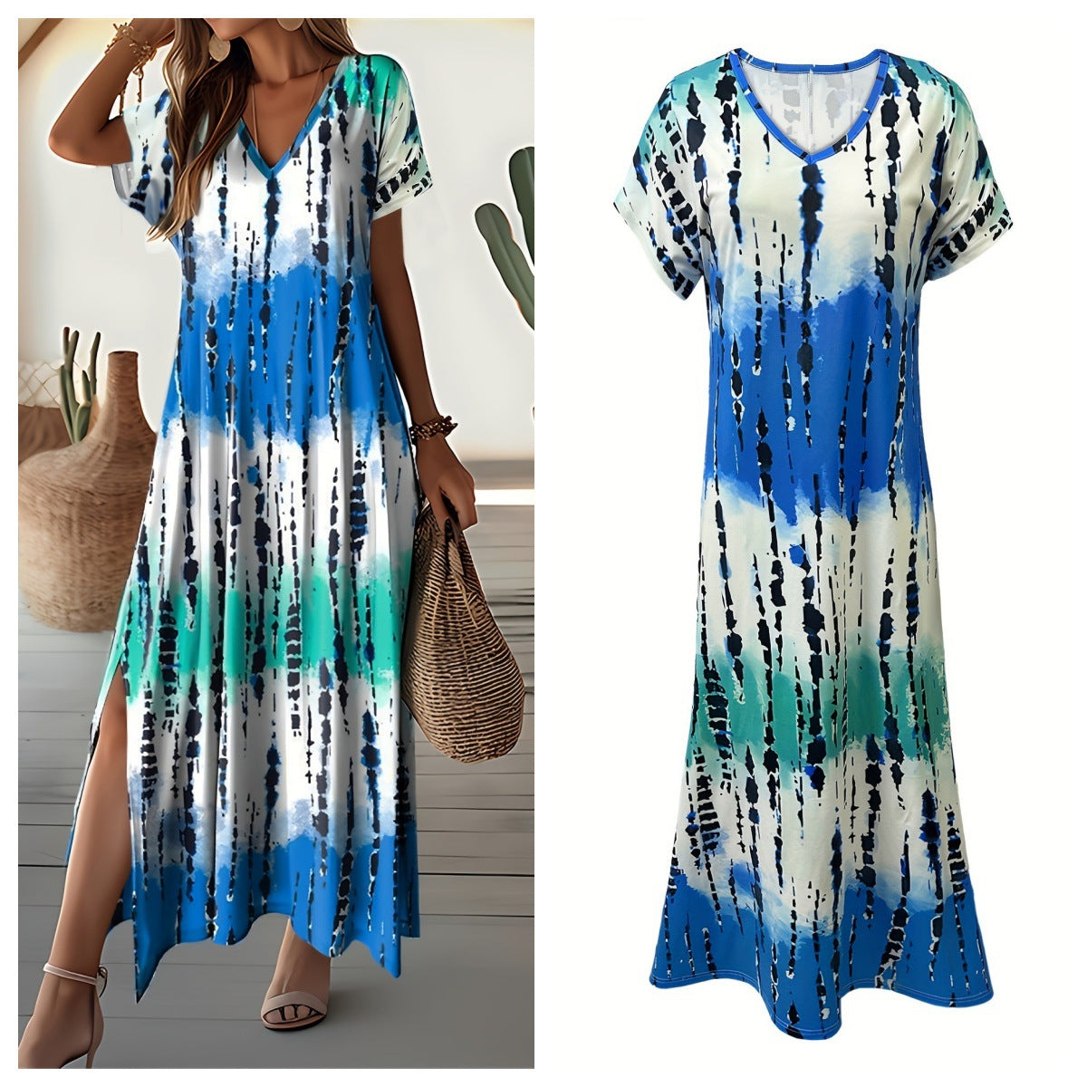 Women's Large Casual Summer Digital Floral Print Slit Street Style Dress