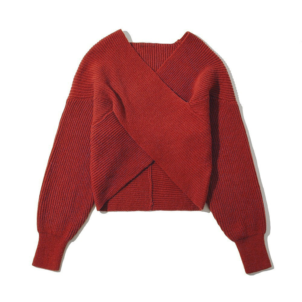 Solid Color Sexy Cross Cropped Long-sleeved Knitted Sweater