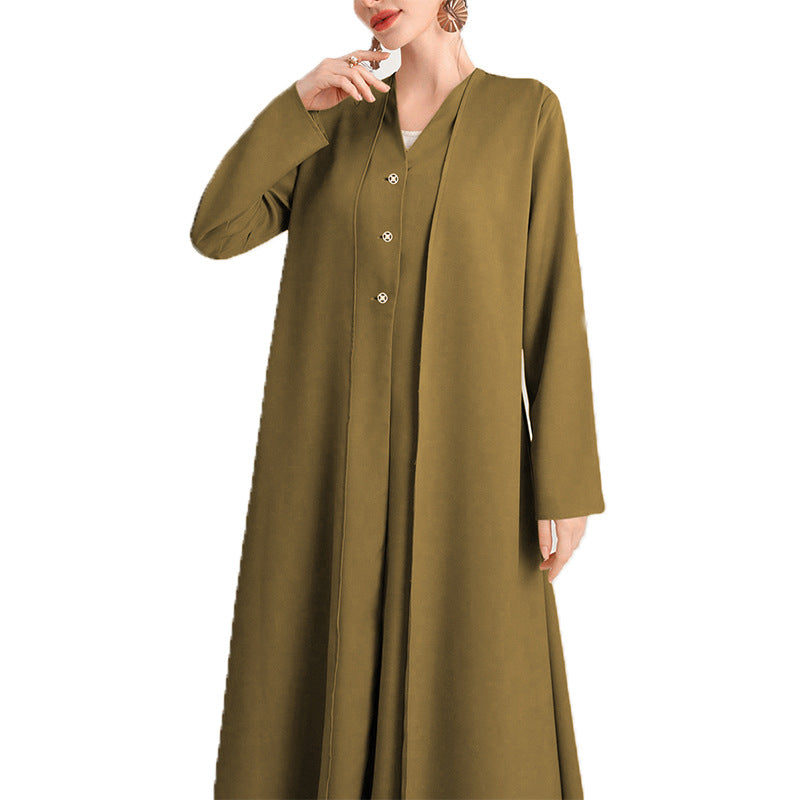 Women's Pocket Pure Color Long Temperament Sleeve Dress