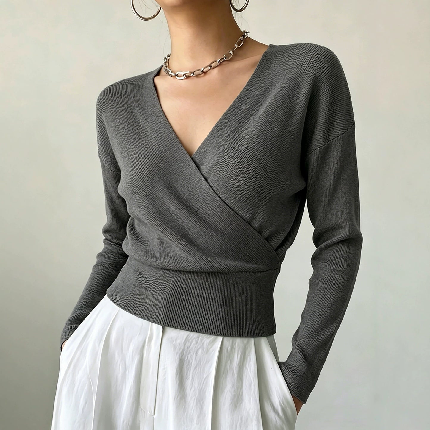 Women's Solid Color Fashion Cross Collar Tight Waist Design Show Figure Sweaters