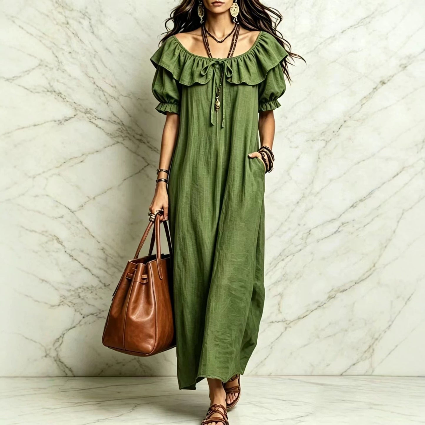 Loose Round Neck Ruffled Leisure Temperament Seaside Dress