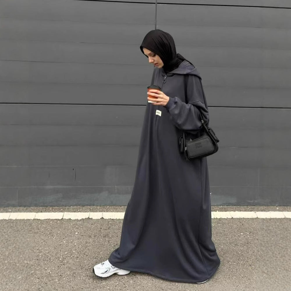 Solid Color Hooded Loose Long Sleeves Dresses