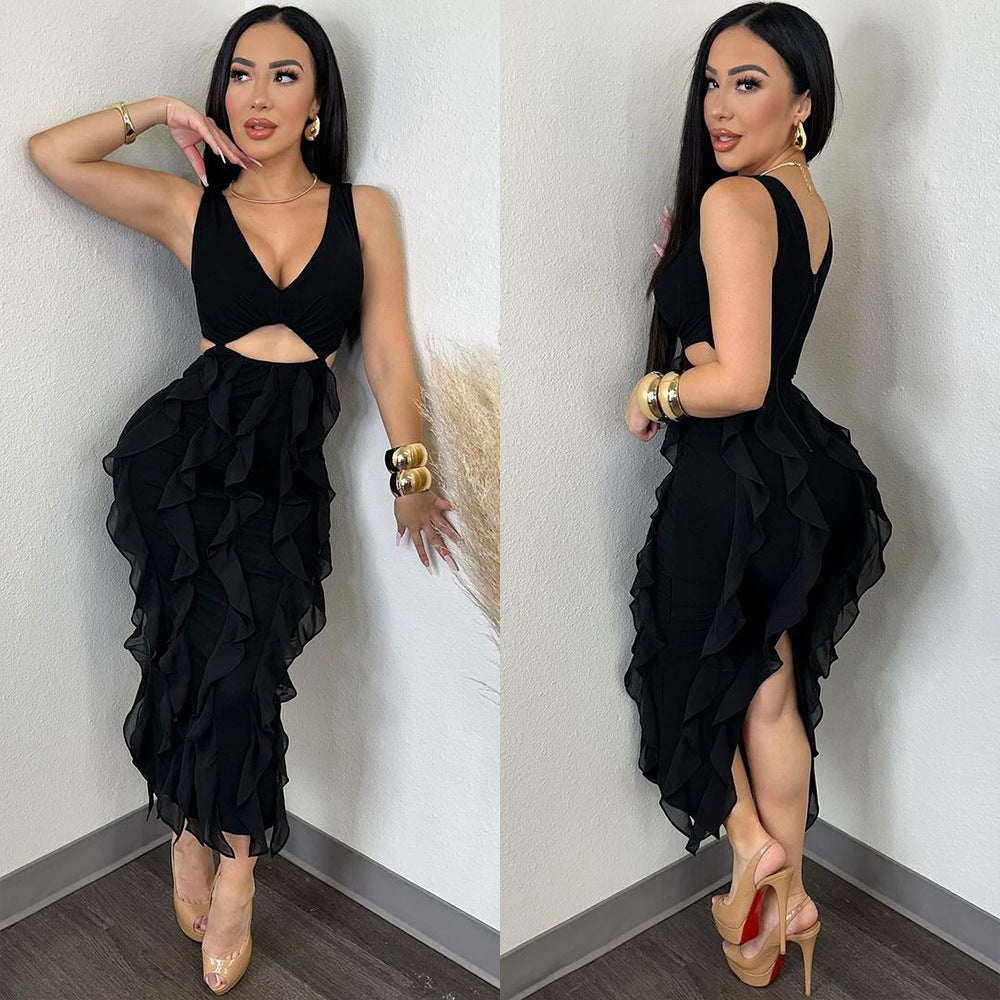 Women's Sexy Sleeveless Cut-out Ruffled Pure Color Dresses