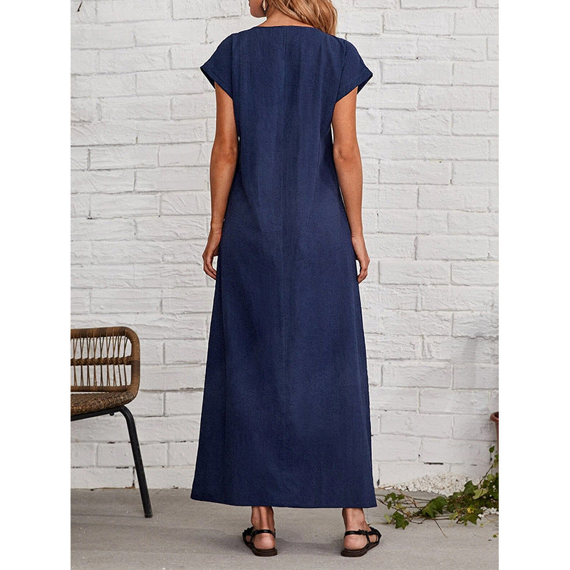 Women's Summer Simple Style Round Neck Sleeve Loose Casual Long Solid Dress