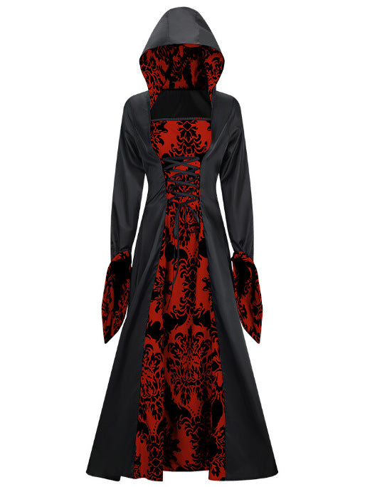 Retro Palace Style Long Sleeve Hooded Wide Hem Printed Dress