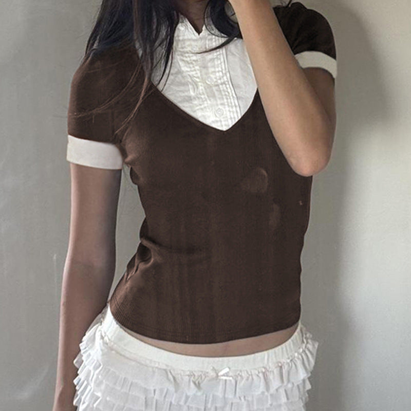 Fake Two Pieces Contrast Color Sleeve Girly Blouses