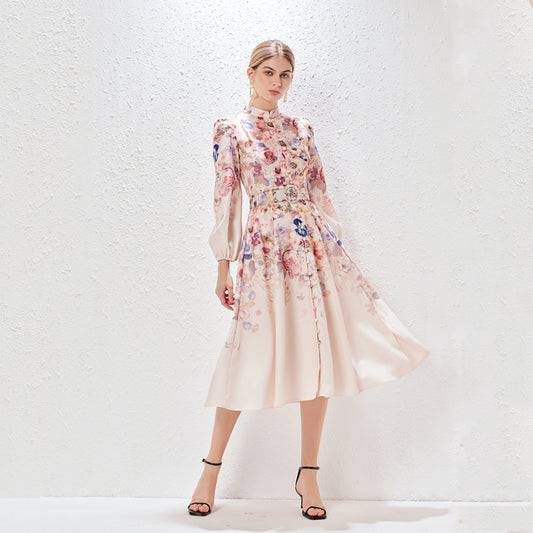 Women's Collar Single-breasted Positioning Printed Dress Pocket Temperament Dresses