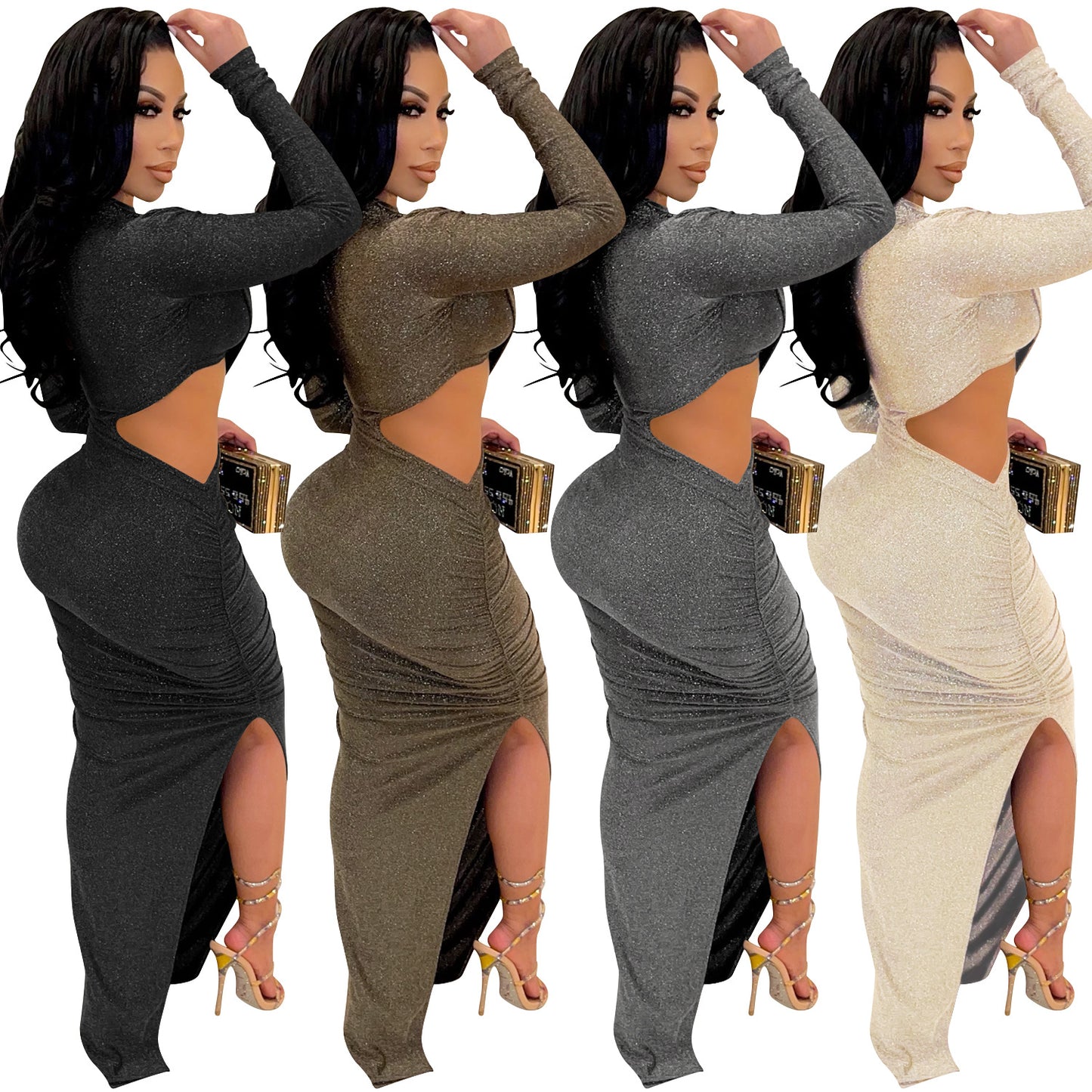 Solid Color Round Neck Long Sleeve Hollow Dresses