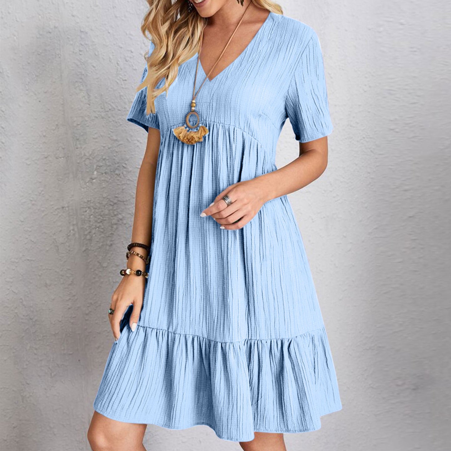 Women's Loose Solid Color Pleated Casual Lace Dress