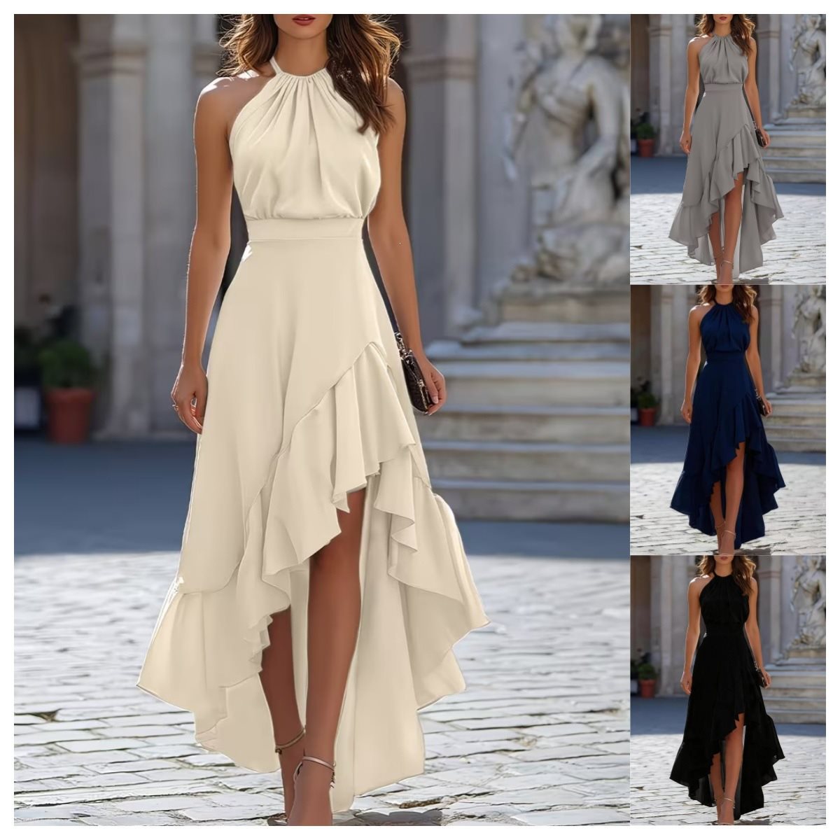 Women's Sleeveless Halter Waist Irregular Ruffled Dress