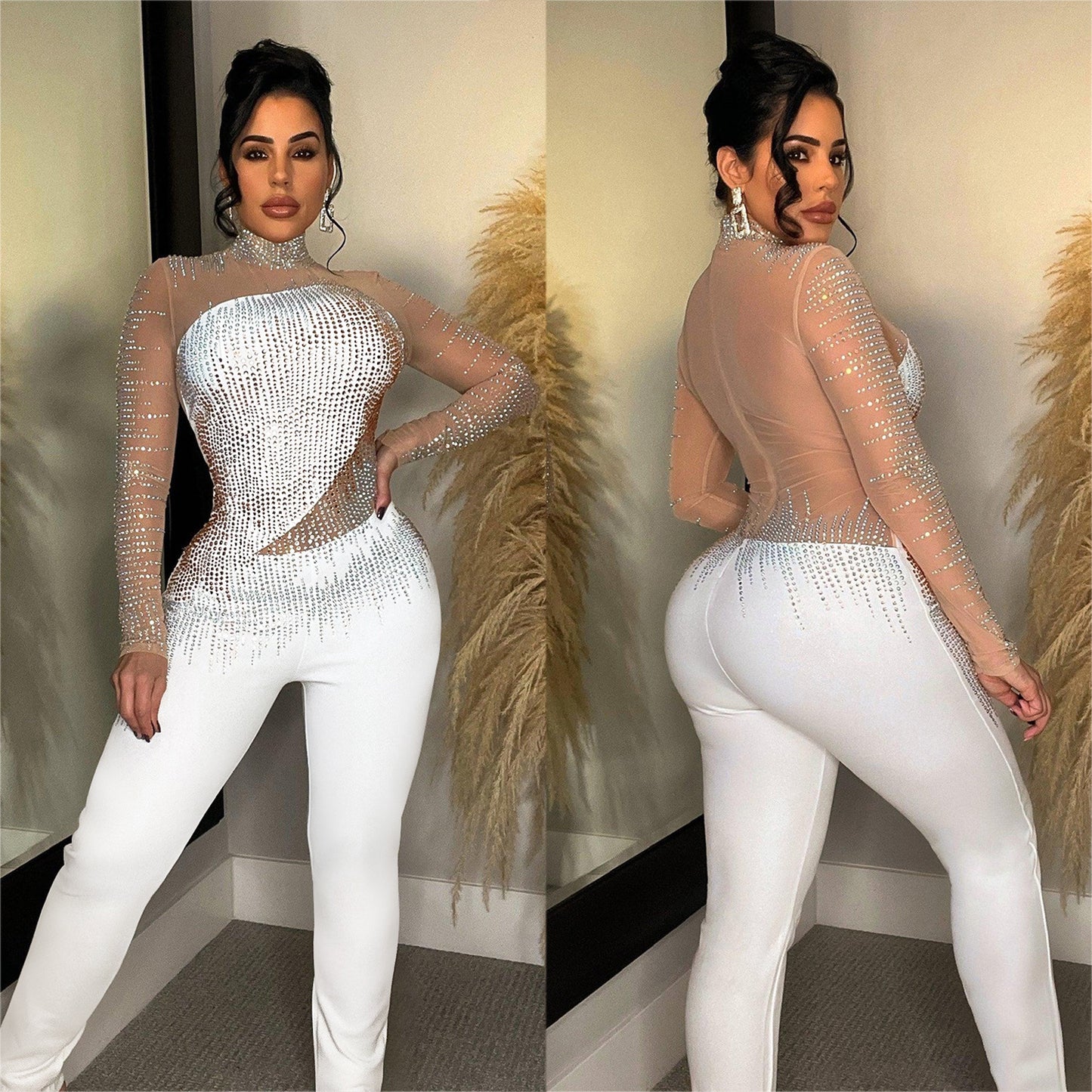 Women's Fashion Wear Pure Color Mesh Rhinestone Suits