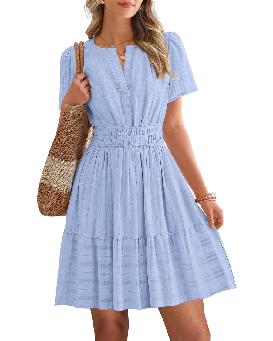 Women's Collar Pleating Puff Sleeve Large Swing Dress