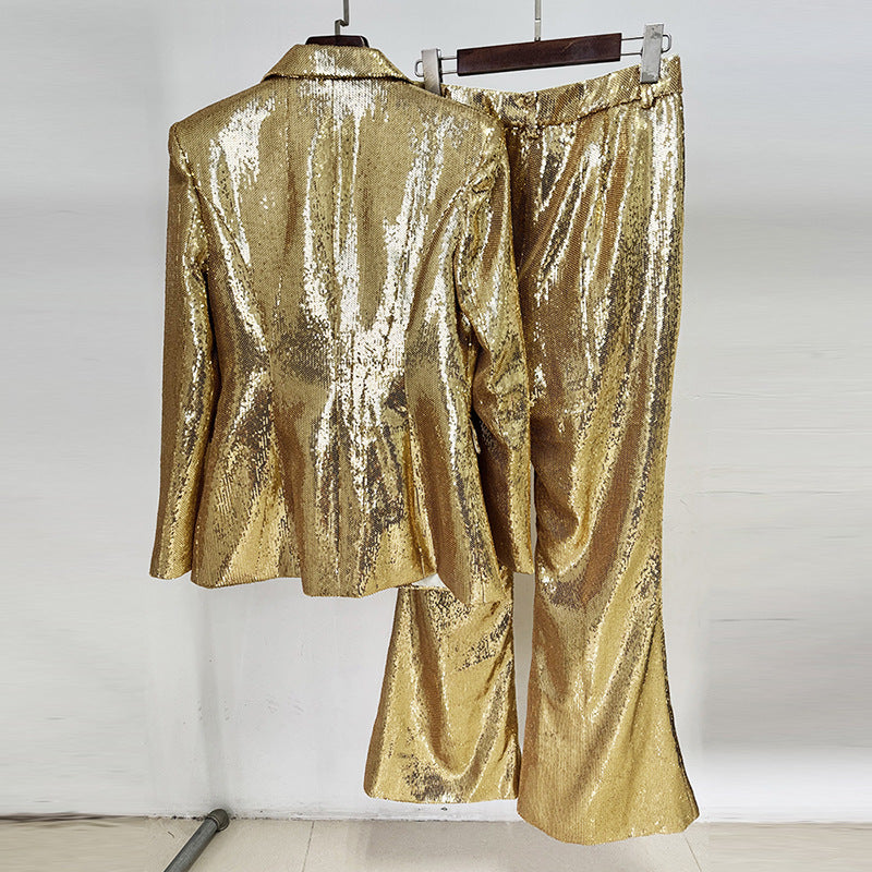 Fashionable Golden Sequined Trousers Two-piece Set Fashion Casual Suit