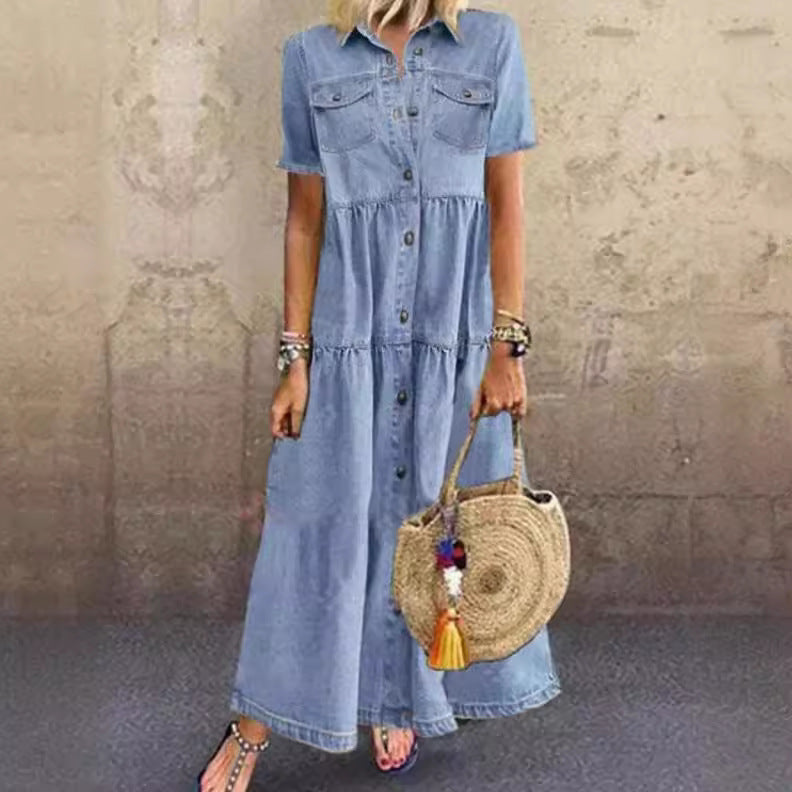 Slouchy Classic Denim Style Long Distressed Dress