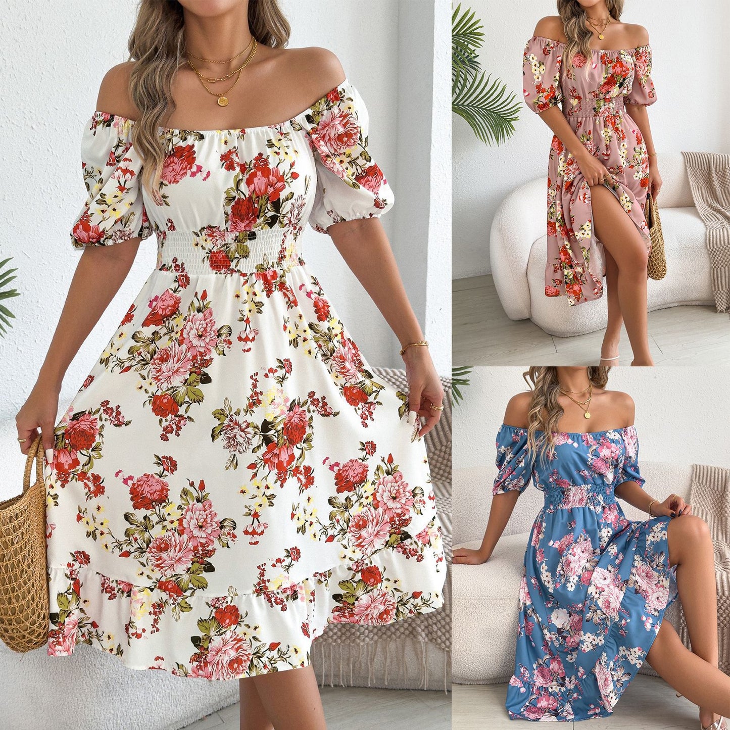 Women's Flower Sleeve Ruffled A- Line Holiday Dress