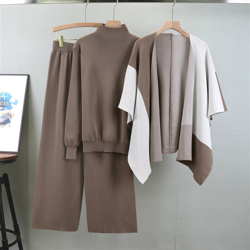 Women's Knitted Color Matching Shawl Three-piece Set Fashion Casual Suit