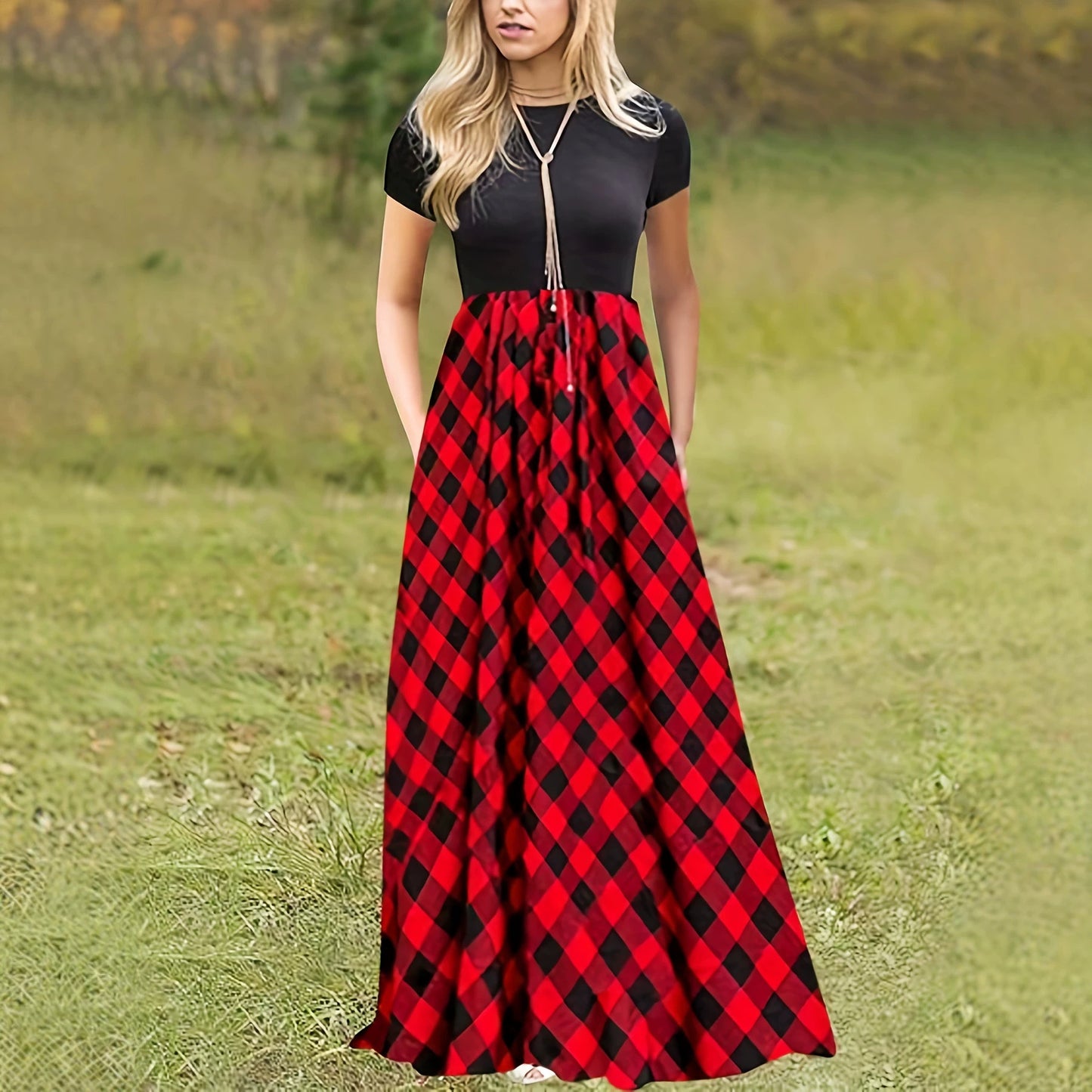 Women's Neck Stitching Contrast Color Check Fashion Casual Swing Dress
