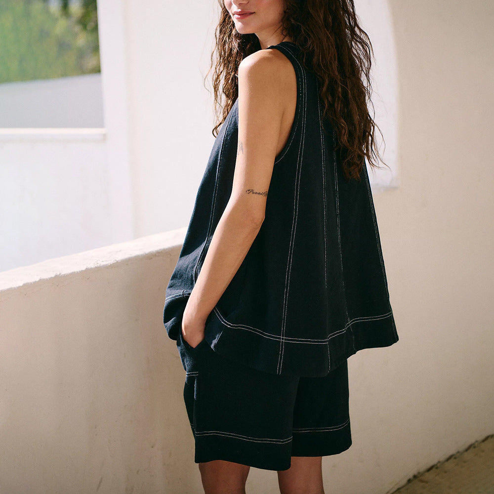 Women's Casual Loose Pockets Sleeveless Tank Denim Suits