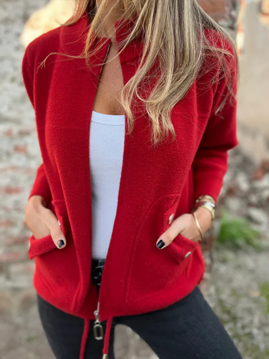Women's Casual Zipper Woolen Tether Pocket Solid Coats