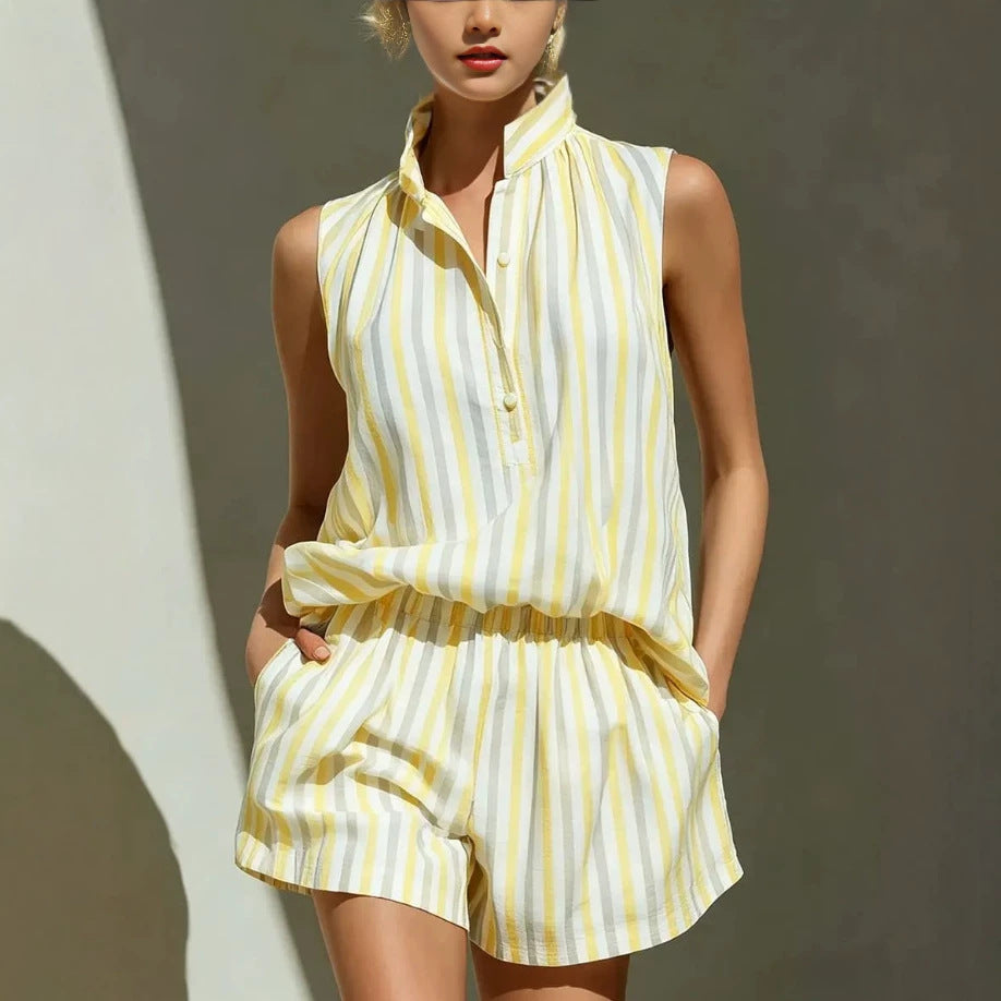 Women's Stand Collar Striped Shirt Elastic Wide Leg Fashion Casual Suit