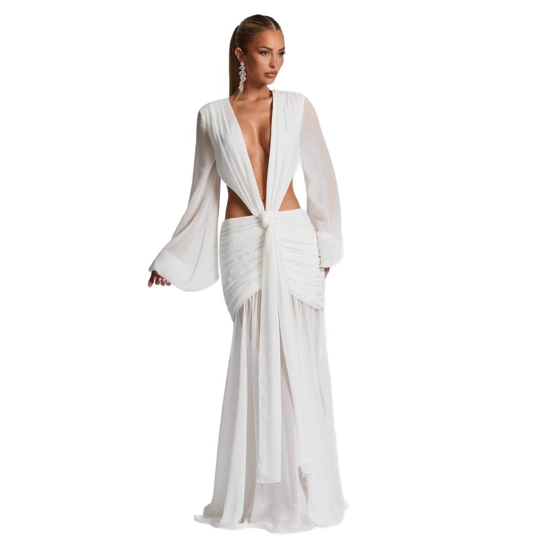 Women's Chiffon Dress Yarn Sleeve Sexy Backless Dresses