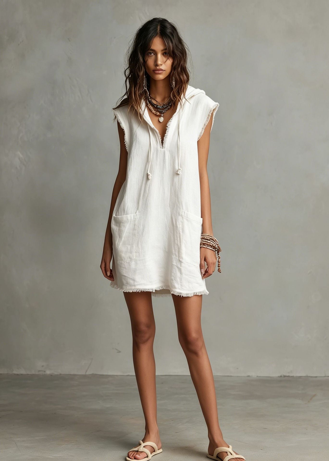 Women's Minimalist Linen Blended Mini Hooded Sleeveless Frayed Dress