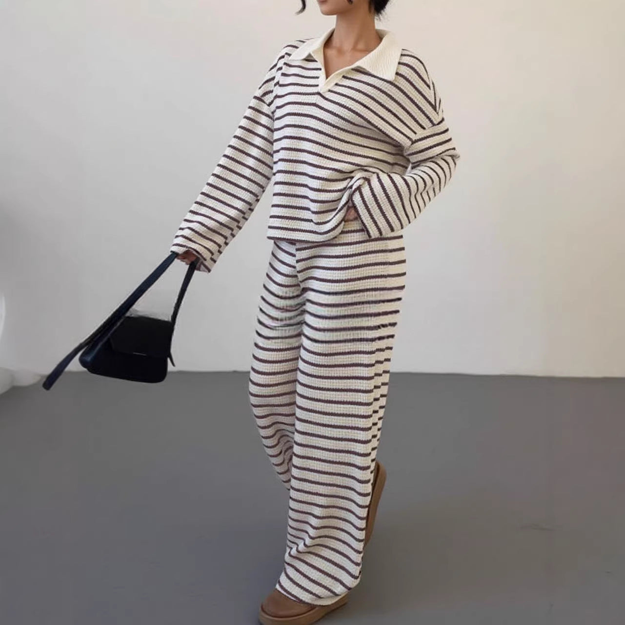 Women's Stripes Contrast Color Long Sleeve Trousers Fashion Casual Suit