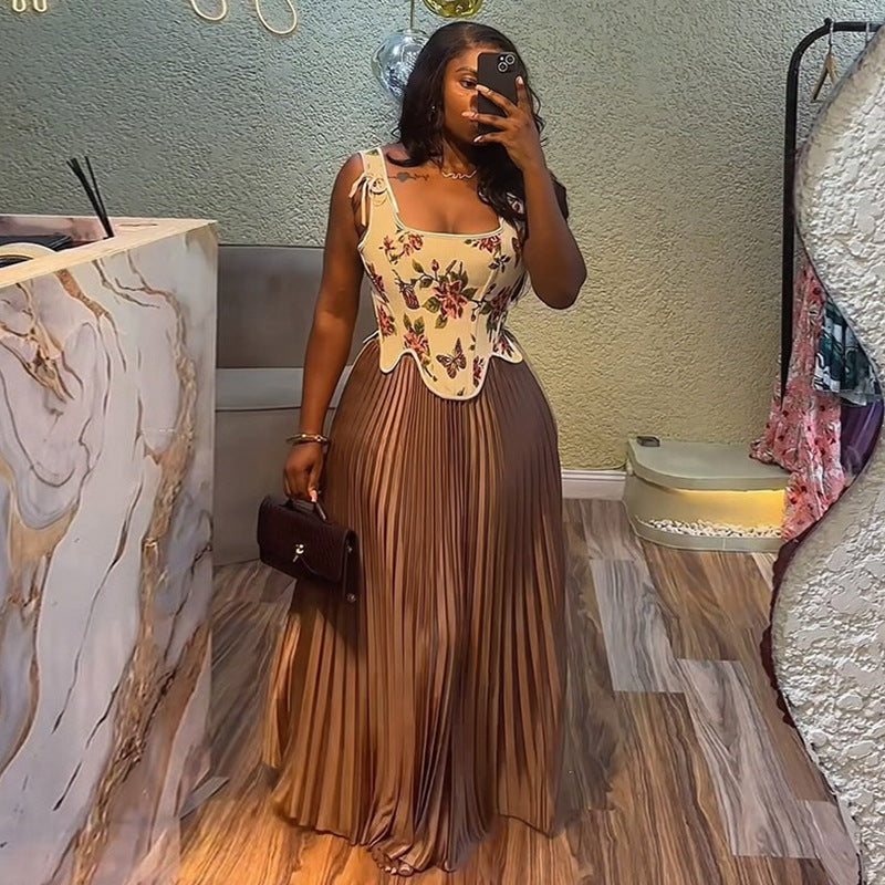 Women's Fresh Printed High Waist Pleated Two-piece Suits