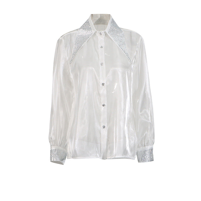 Women's Commute Style Spring Lapel Diamond Micro Transparent Blouses