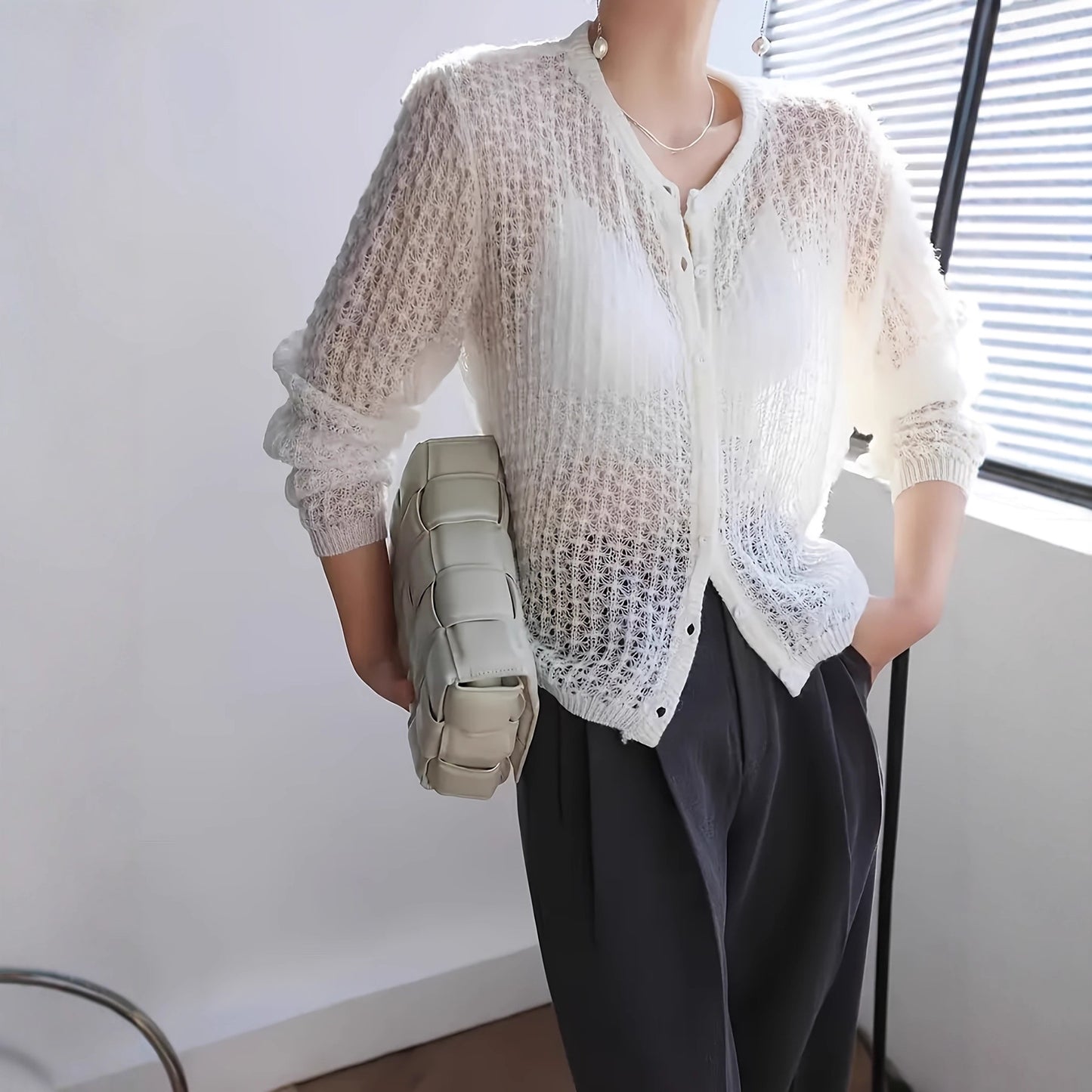 Women's Style Niche Thin Hollow Long-sleeved Knitted Autumn Summer Design Loose Sweater