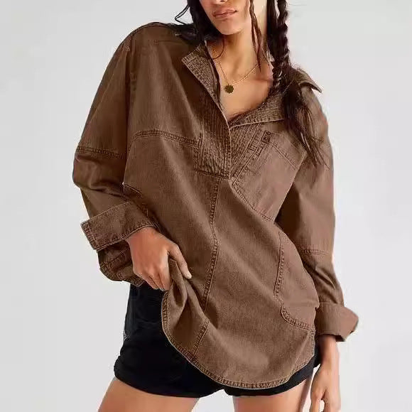 Women's Fashionable Casual Figure Flattering Denim Long-sleeved Blouses